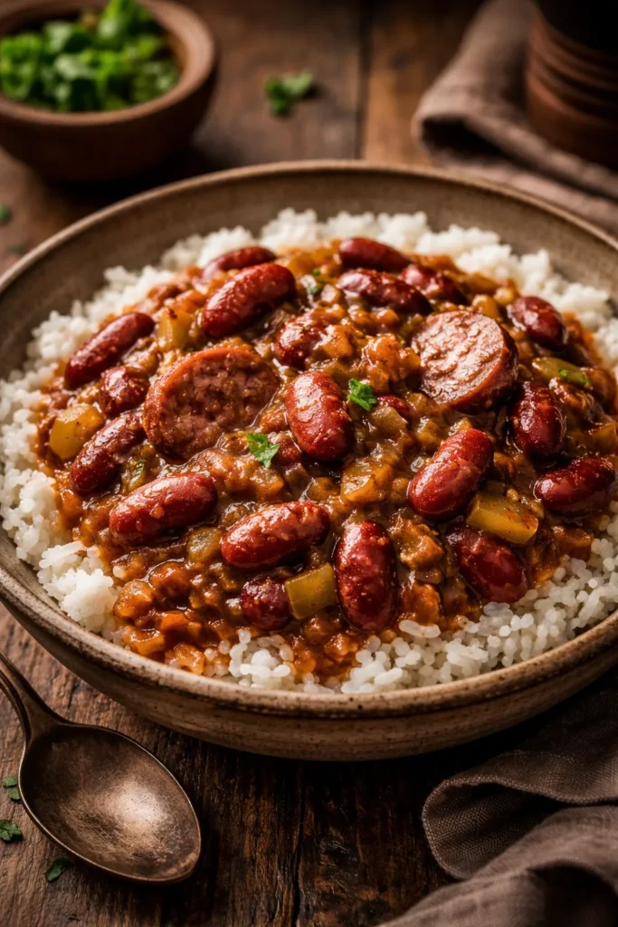 Bowl of red beans and rice with andouille and glossy sauce