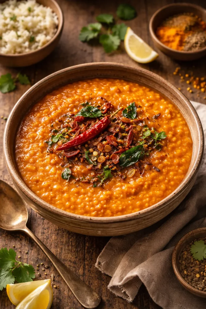 10 Easy Indian Curry Recipes for Weeknights 5 Red lentil dal in a rustic bowl with a glossy texture
