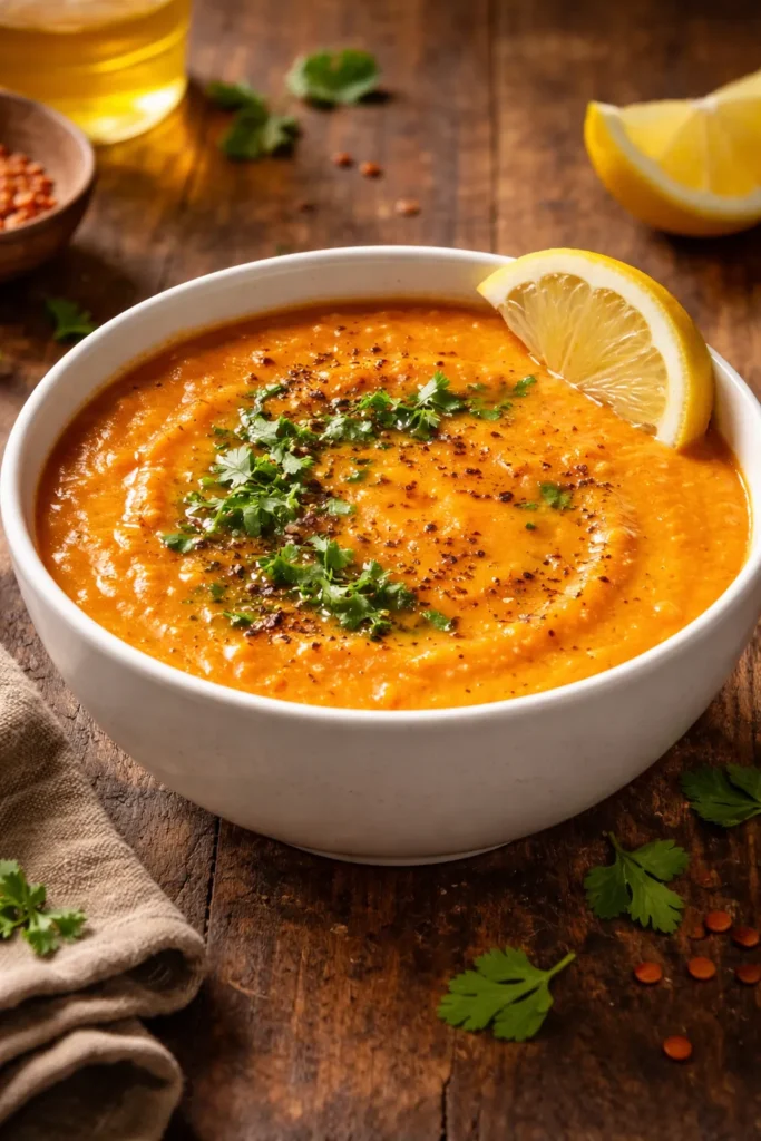 10 Homemade Soup Recipes for Any Season 7 Close-up of red lentil soup in a white bowl with a lemon wedge on the rim on a rustic wooden table