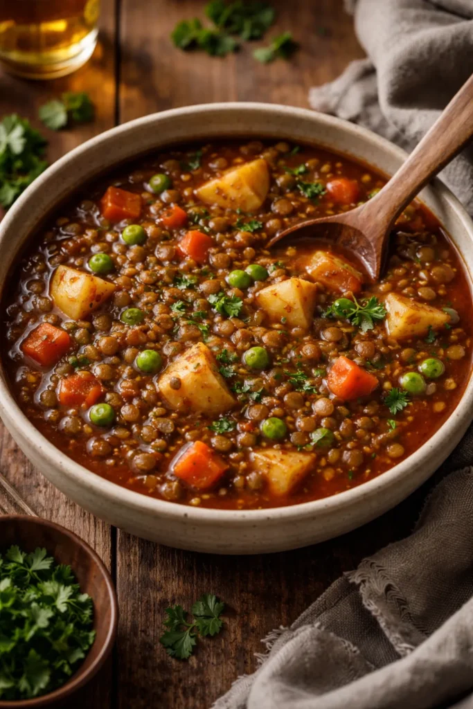 Red wine lentil stew with potatoes and peas in a bowl