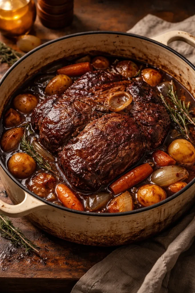 Close-up of red wine braised pot roast with bone-in chuck and vegetables in a glossy sauce
