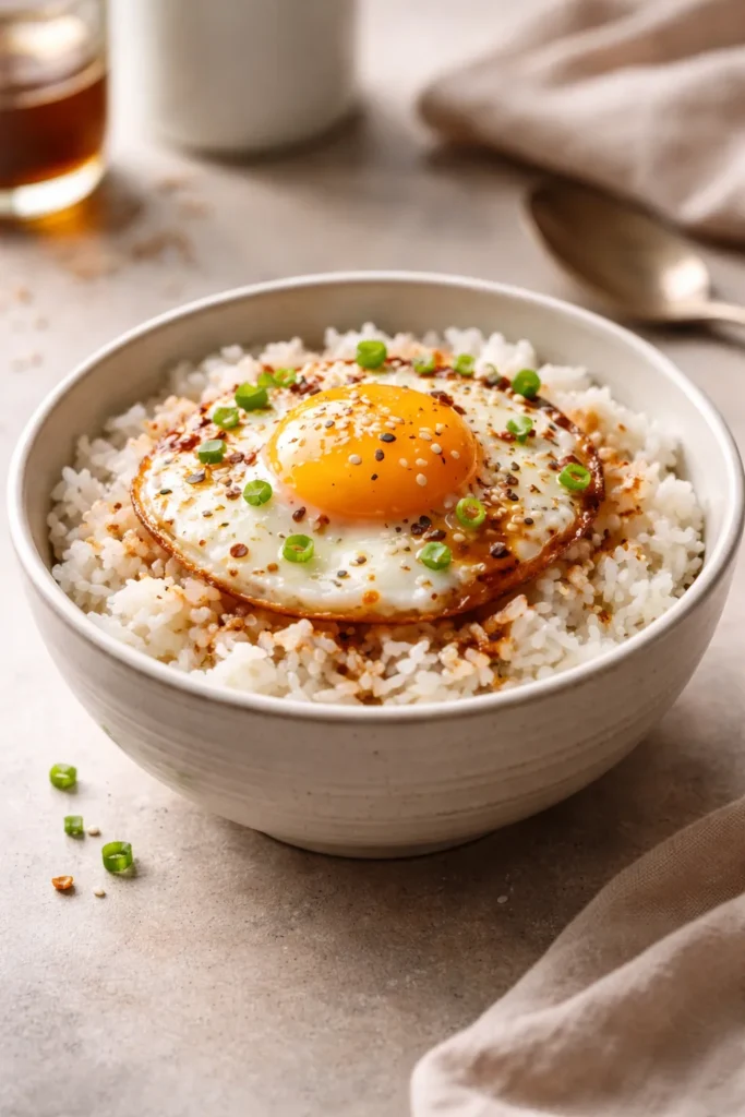 Close-up of white rice with a sunny-side-up egg on top in a ceramic bowl