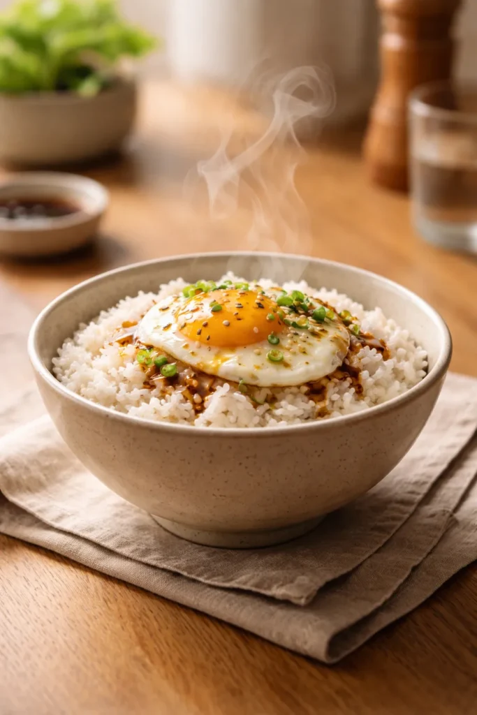 Close-up of a single bowl of rice and egg on a minimalist wooden table with warm light
