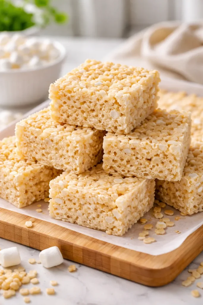 15 Fool Proof Dessert Recipes for Bad Bakers 13 Close-up of no-bake Rice Krispie treats stacked on a wooden board
