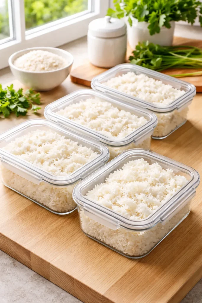 Row of airtight glass meal-prep containers filled with fluffy white rice on a wooden countertop