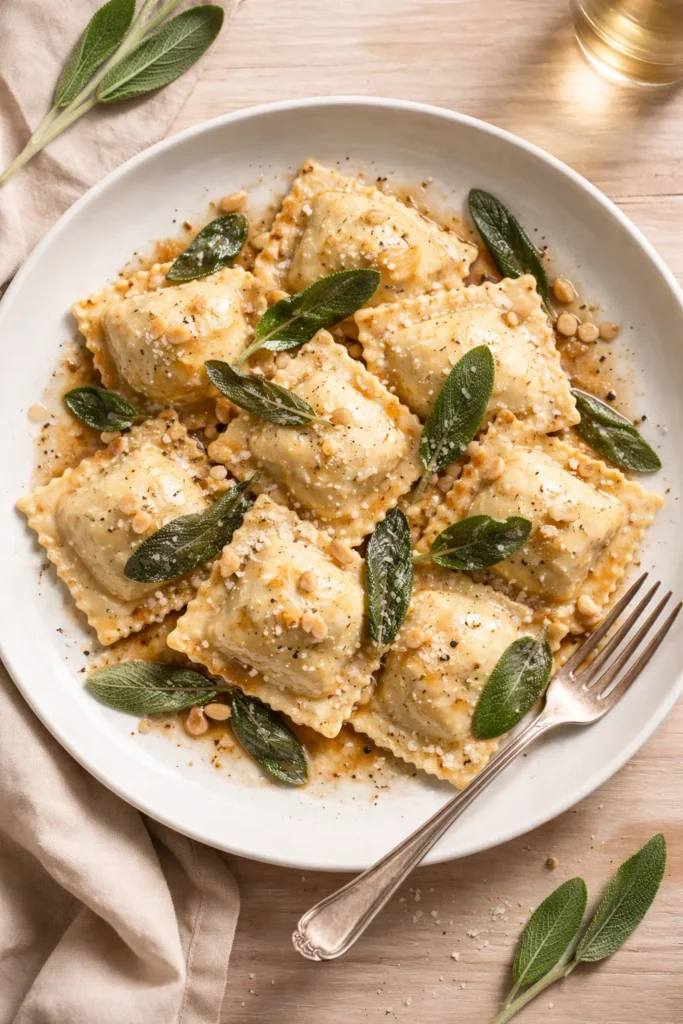 Ravioli with brown butter and sage on a plate