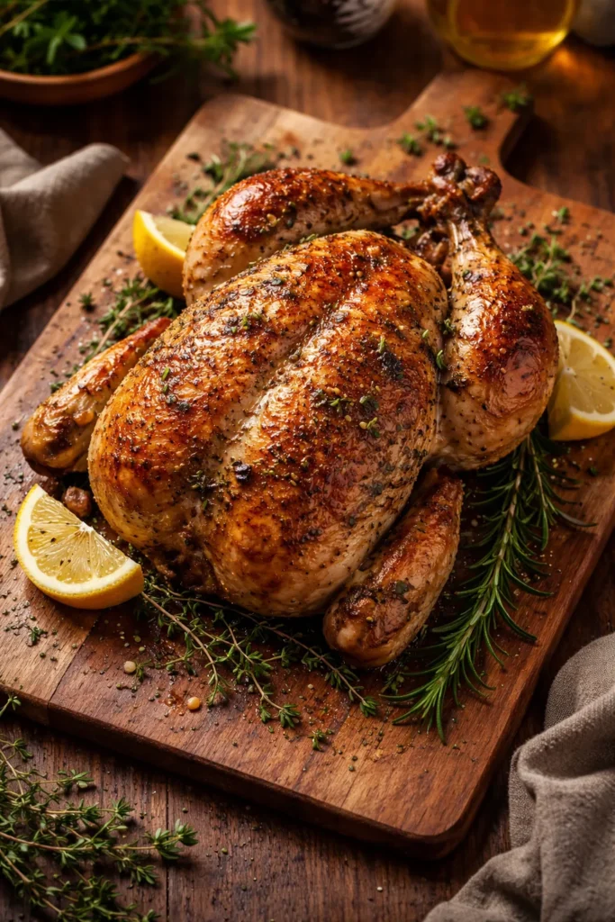 Whole roast chicken with crisp skin on a wooden board.