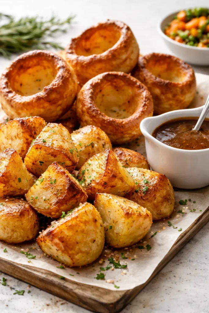 Roast potatoes and yorkshire puddings arranged neatly