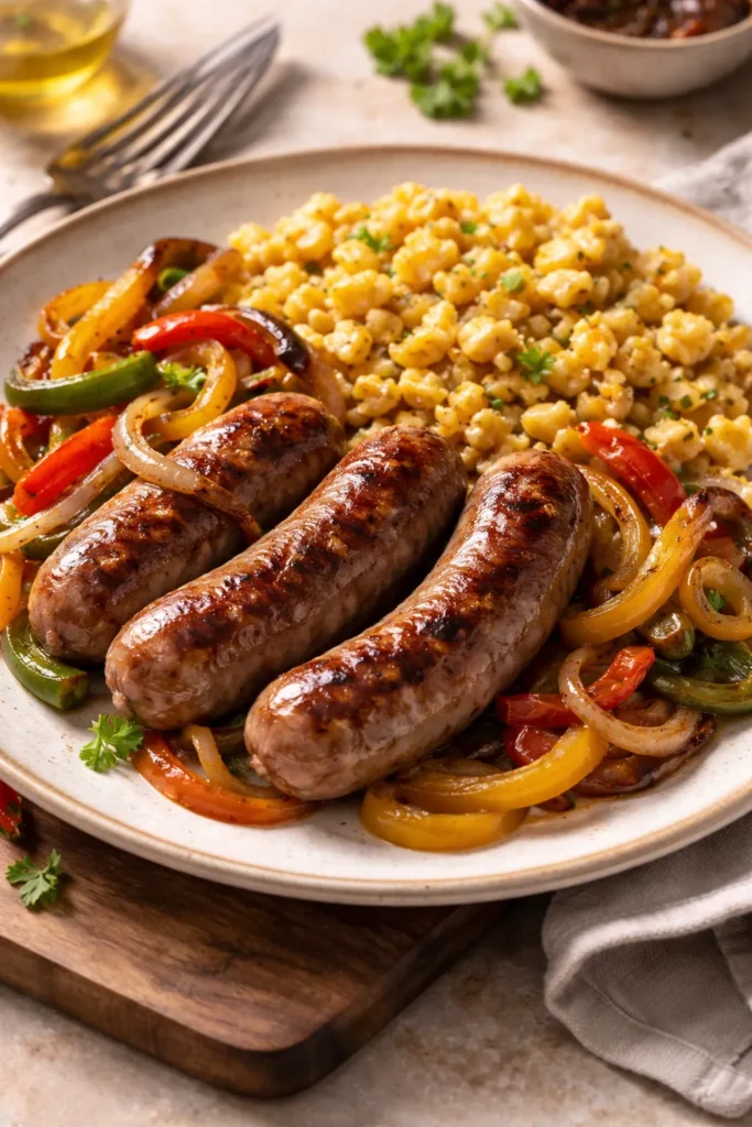 8 Bratwurst and Spaetzle Recipes for Dinner 9 Roasted bratwurst with peppers, onions and golden spaetzle on a plate.
