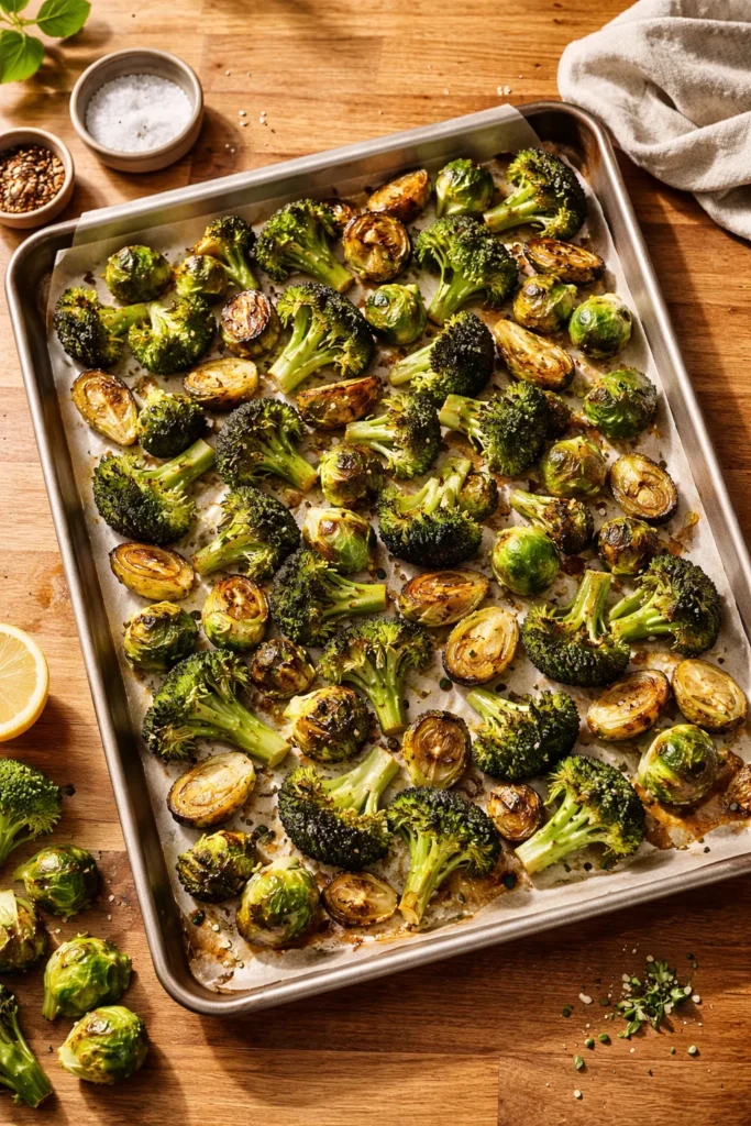 8 Roasted Broccoli and Sprout Side Dishes 13 Roasted broccoli and Brussels sprouts on a parchment-lined sheet pan with caramelized edges