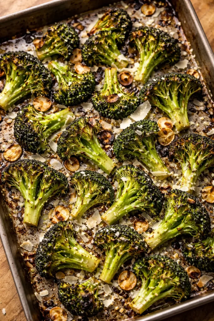 8 Easy Roasted Vegetable Sides for Dinner 9 Roasted broccoli with garlic and Parmesan on a pan