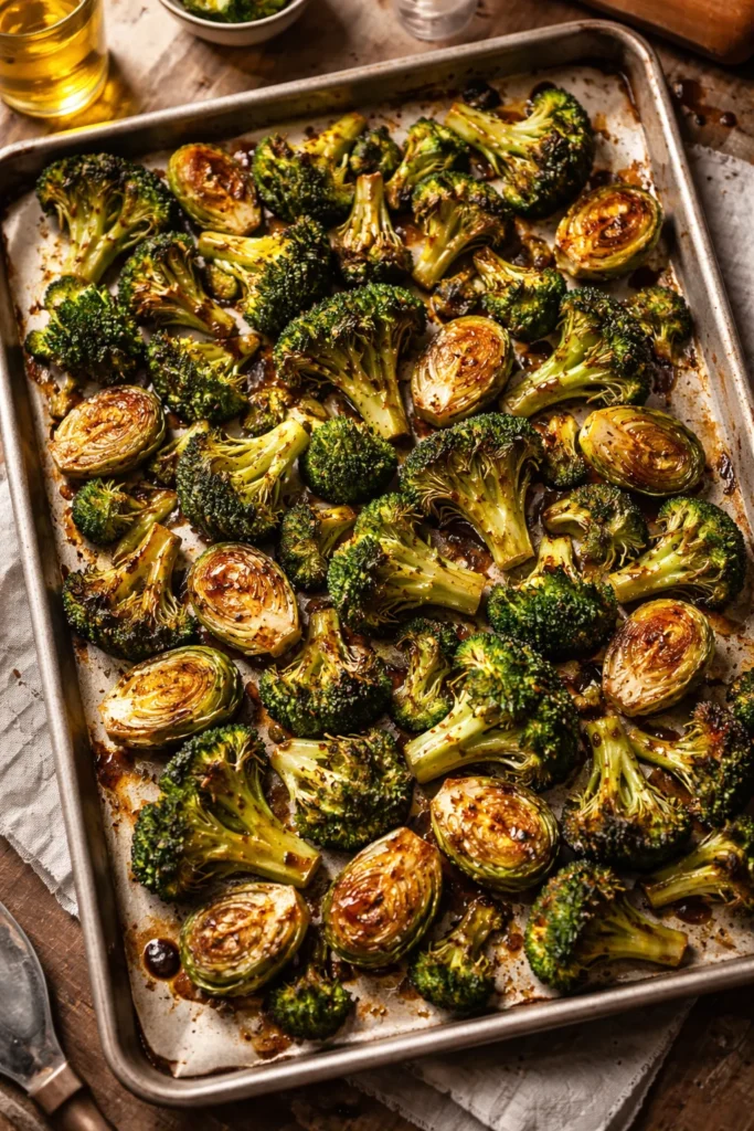 8 Roasted Broccoli and Sprout Side Dishes 1 Close-up of crispy roasted Brussels sprouts and broccoli with balsamic glaze
