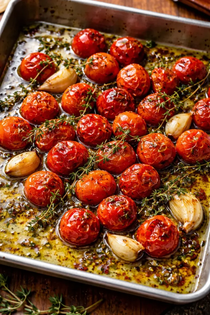 8 Easy Roasted Vegetable Sides for Dinner 7 Close-up of glossy roasted cherry tomatoes with garlic and thyme on a sheet pan