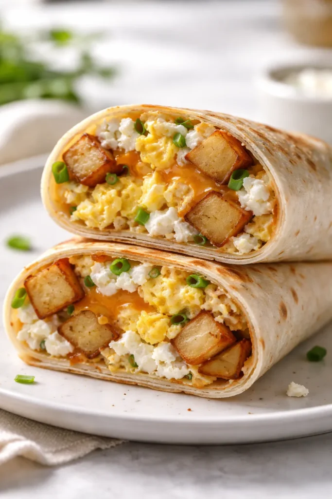 8 Breakfast Burrito Recipes for Meal Prep 6 Cross-section of Roasted Potato and Cottage Cheese Egg Burrito with potatoes and cottage cheese
