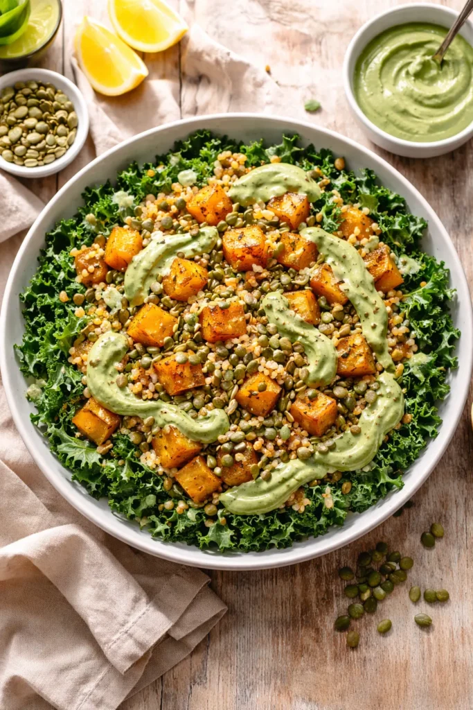 10 Clean Eating Recipes for the Whole Week 8 Kale salad with roasted squash, farro, pepitas and avocado dressing