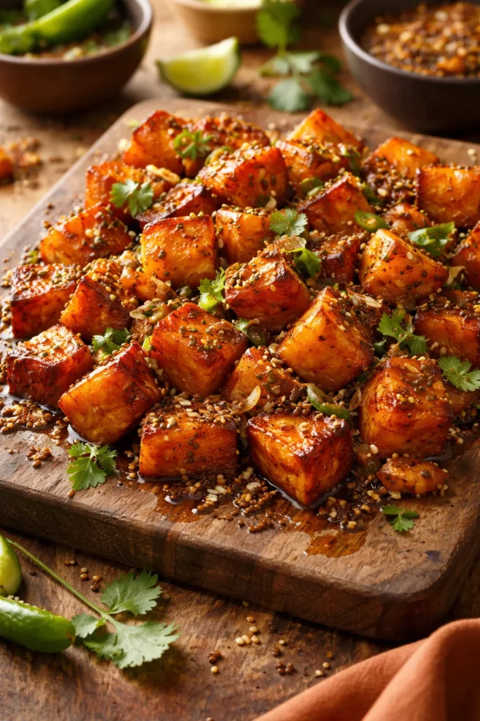 Close-up of caramelized roasted sweet potatoes with glossy oil glaze