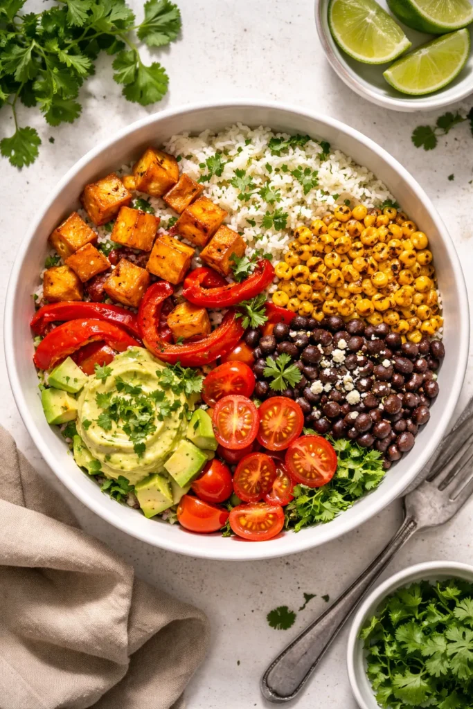 Colorful roasted vegetables over cilantro-lime rice in a bowl