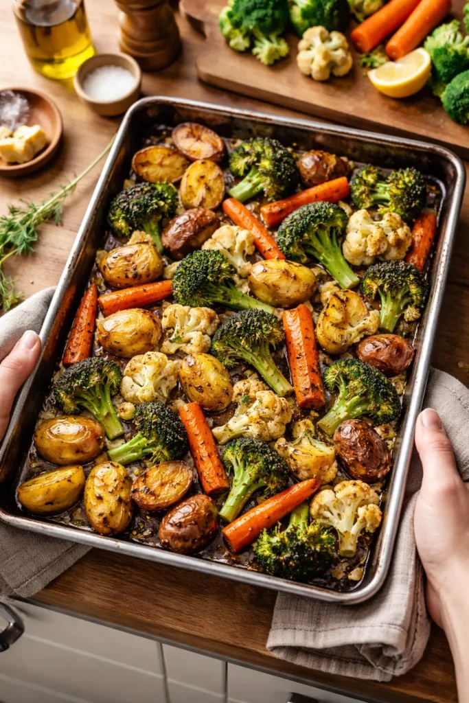 8 Easy Roasted Vegetable Sides for Dinner 1 Sheet-pan roasted vegetables with caramelized edges (potatoes, carrots, broccoli, cauliflower)