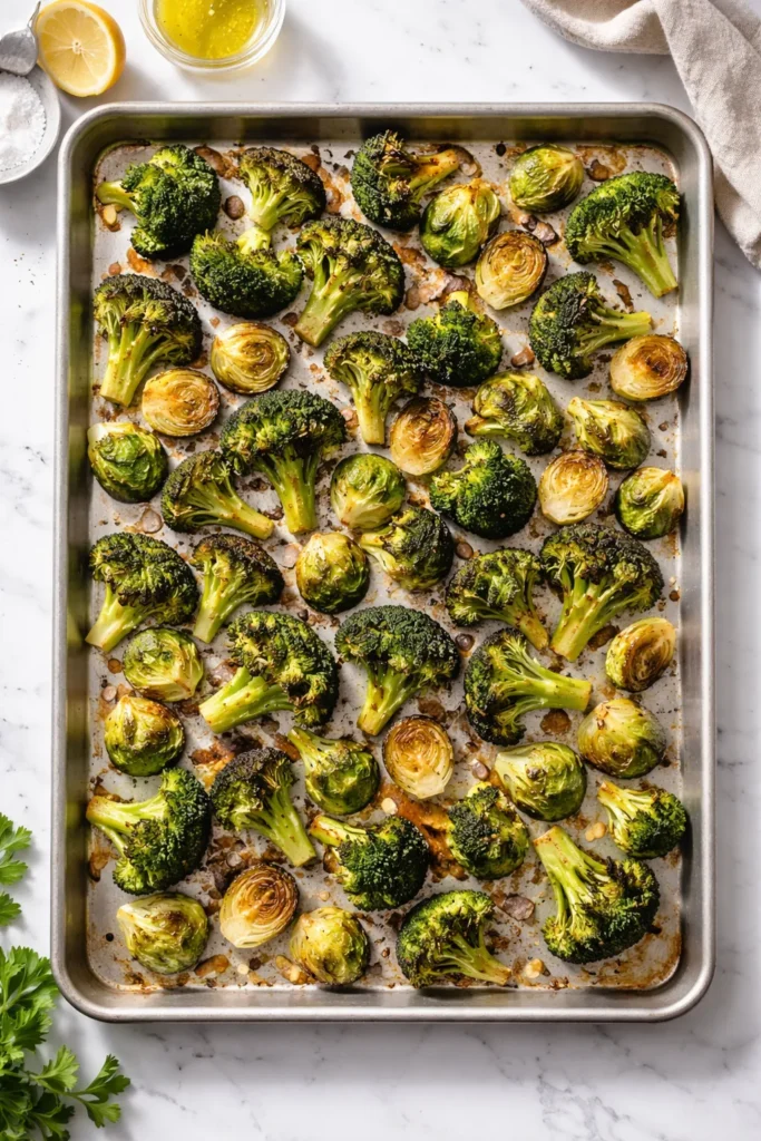 8 Roasted Broccoli and Sprout Side Dishes 9 Single-layer roasted broccoli and Brussels sprouts on a sheet pan