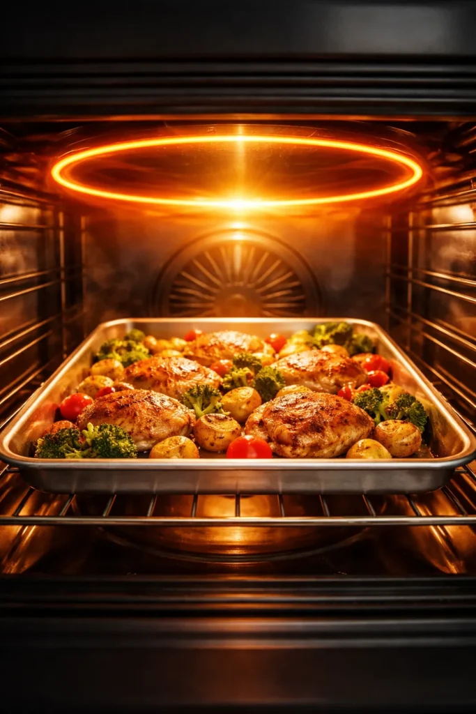 10 Sheet Pan Dinners With Almost No Cleanup 14 Stylized oven scene conveying heat and timing cues without numbers