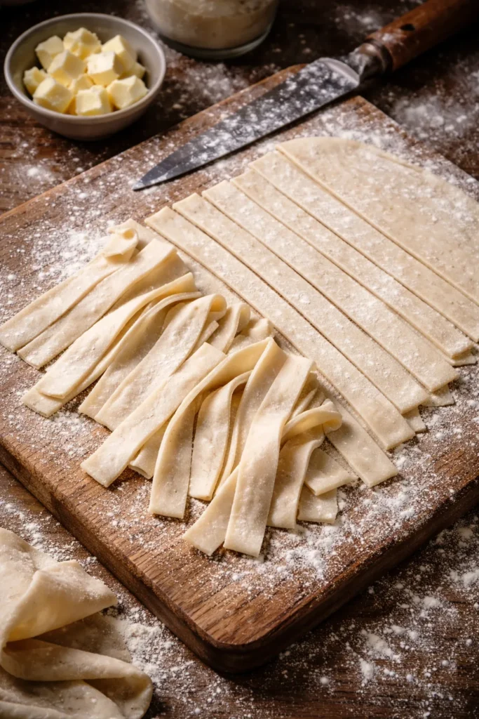 8 Chicken and Dumpling Recipes Like Grandma's 3 Rolled dumplings cut into strips on a floured surface
