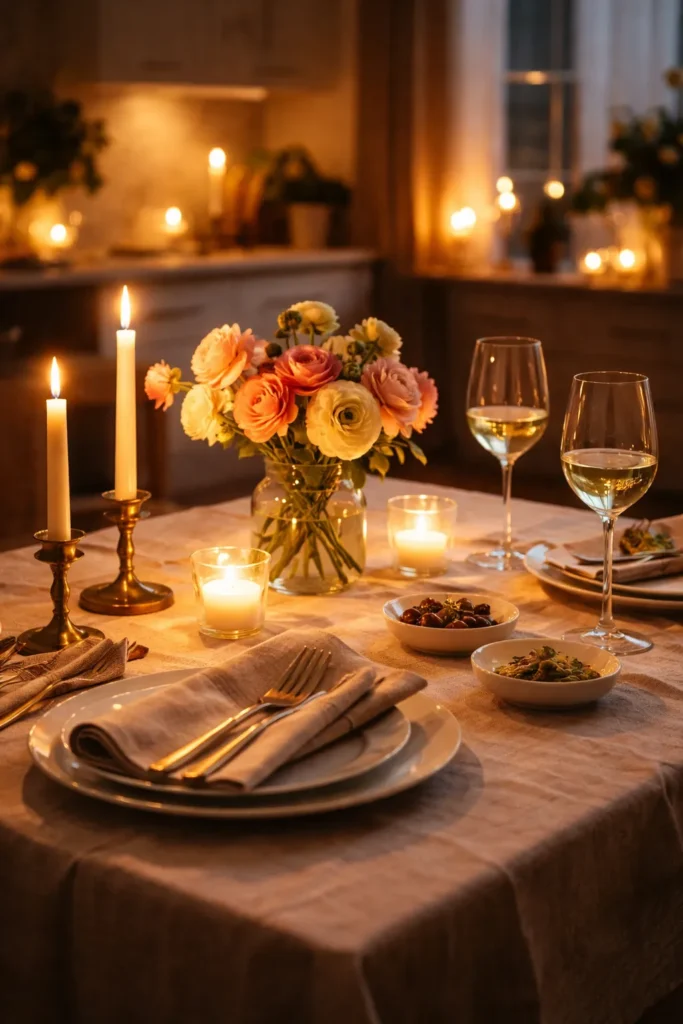 Romantic dinner table setup with candles and flowers