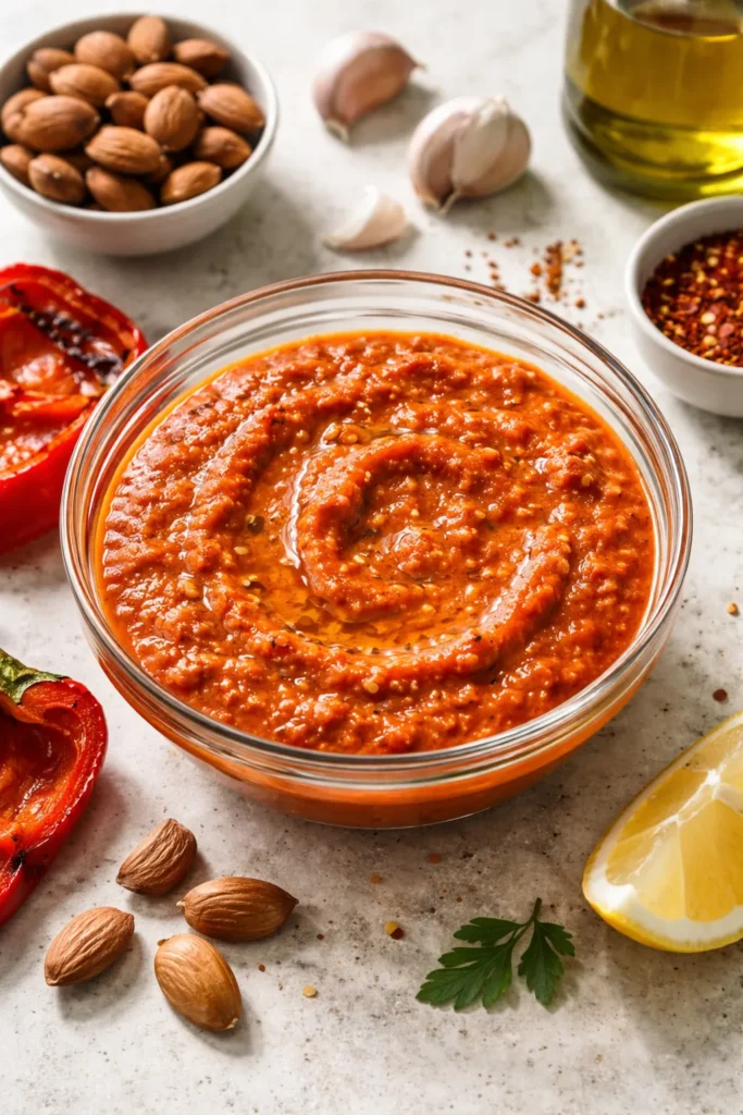 10 Homemade Sauce Recipes for Any Meal 3 Smoky red romesco sauce in a glass bowl with almond texture