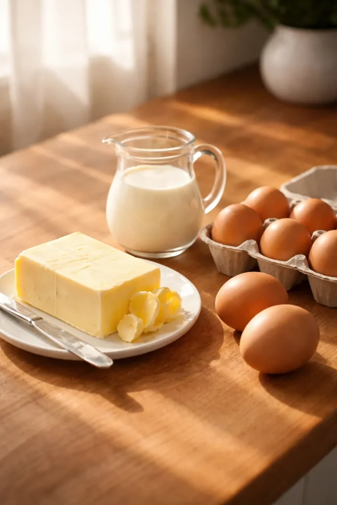 How to Bake Perfectly Moist Cakes Every Time 4 Room temperature dairy and butter on a sunlit counter