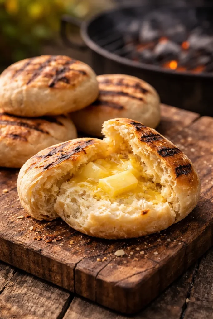 Split roasted roosterkoek with melted butter