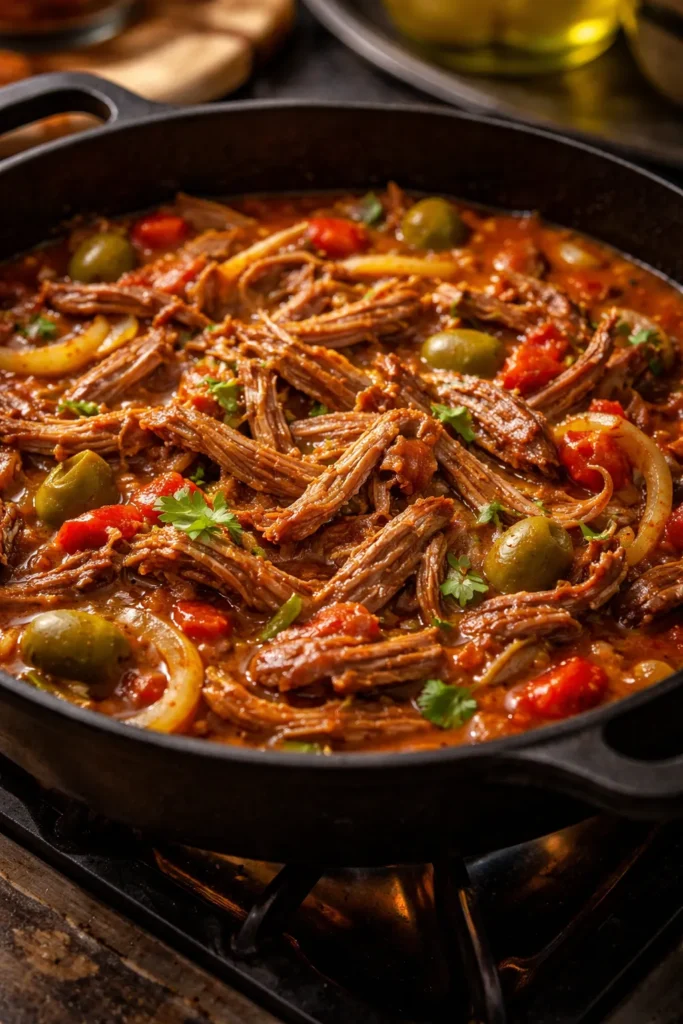 Shredded ropa vieja in tomato-pepper sauce with olives