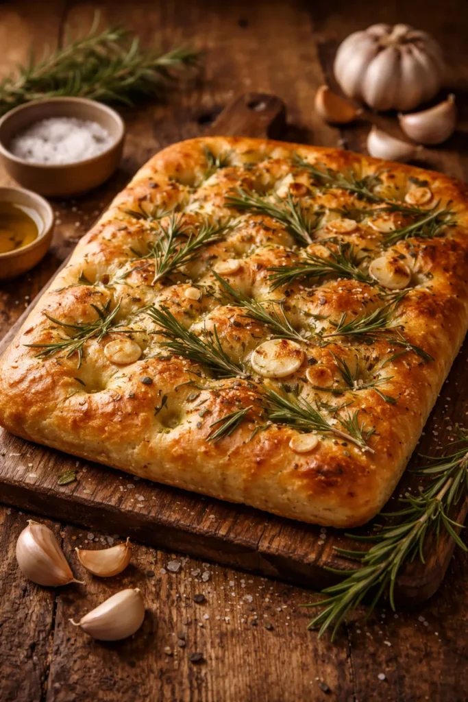 Close-up of rosemary garlic focaccia with olive oil pools and herb toppings.