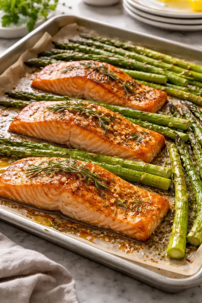 10 Sheet Pan Dinners With Almost No Cleanup 5 Rosemary glazed salmon with roasted asparagus on parchment-lined sheet pan