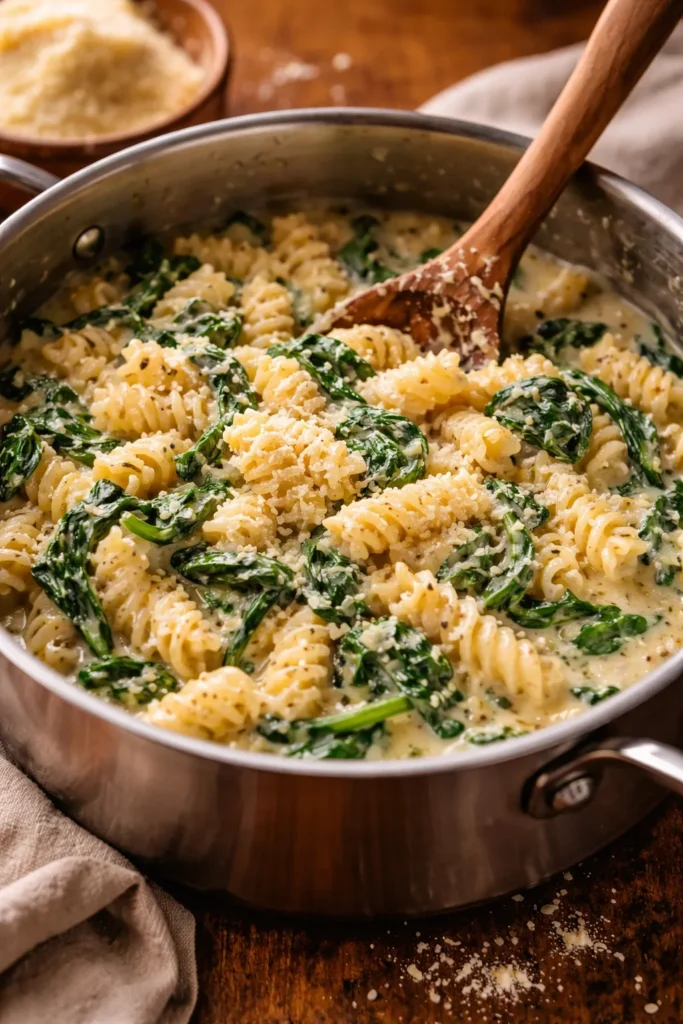 10 One-Pot Pasta Recipes With Easy Cleanup 5 Creamy parmesan rotini with spinach cooking in one pot