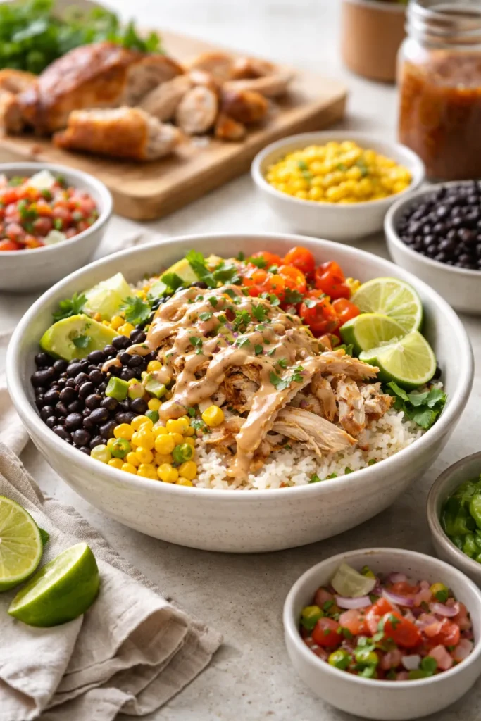 10 Easy Dinners for When You're Too Tired 6 Bowl of rotisserie chicken with base and pantry toppings
