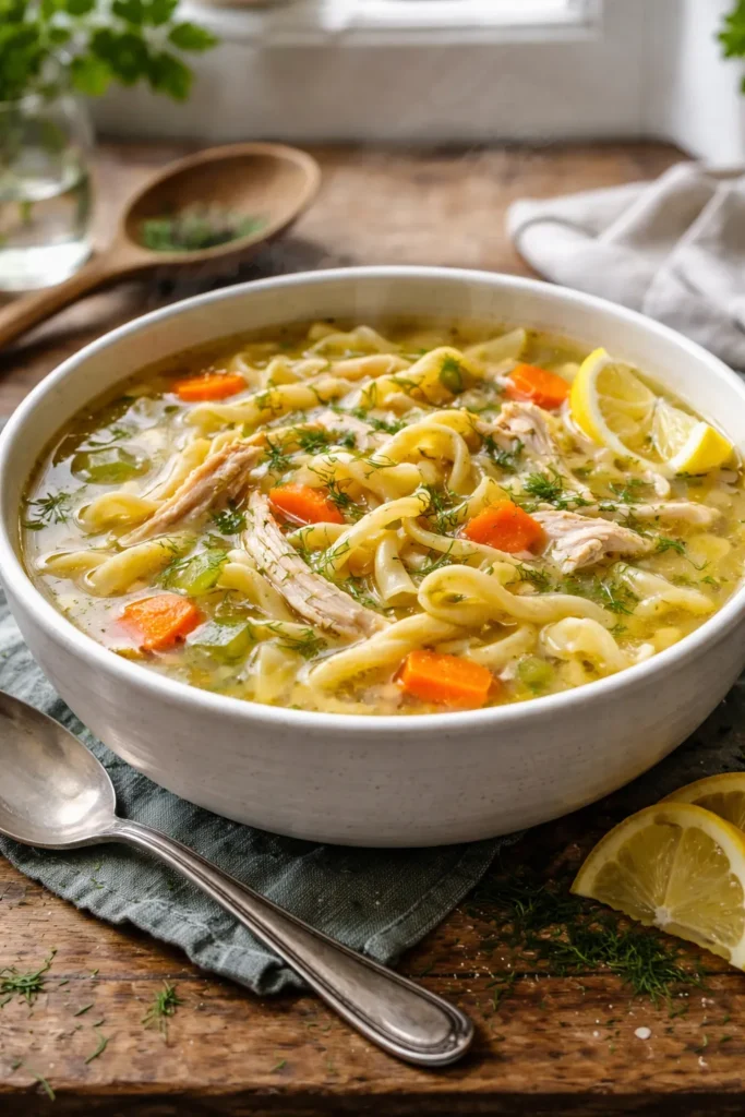 Close-up of a steaming bowl of rotisserie chicken noodle soup with shredded chicken and noodles on a rustic wooden table