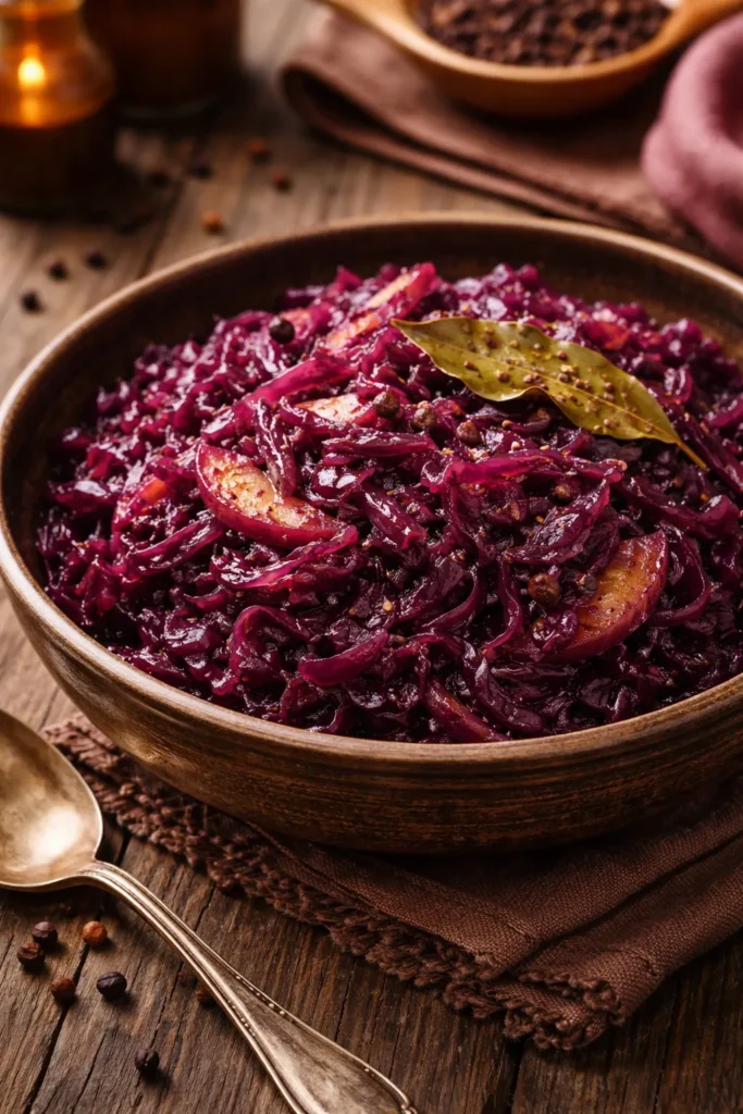 10 Easy German Recipes for a Cozy Dinner 9 Glossy Rotkohl braised red cabbage in rustic bowl