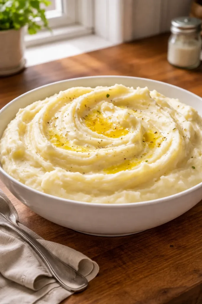 8 Mashed Potato Recipes Fluffy Every Time 1 Close-up of silky ivory mashed potatoes in a bowl, buttery and fluffy.