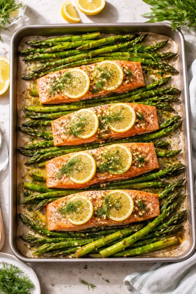 Salmon with lemon and asparagus on a sheet pan for baking