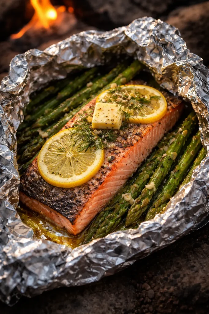 Foil packet opened showing salmon, asparagus, lemon slices and dill
