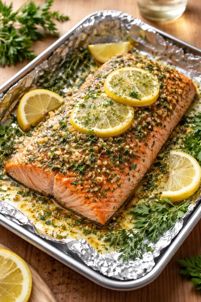 10 Oven-Baked Meals for Easy Weeknight Dinners 3 Salmon fillet baked with lemon and herbs on foil-lined dish
