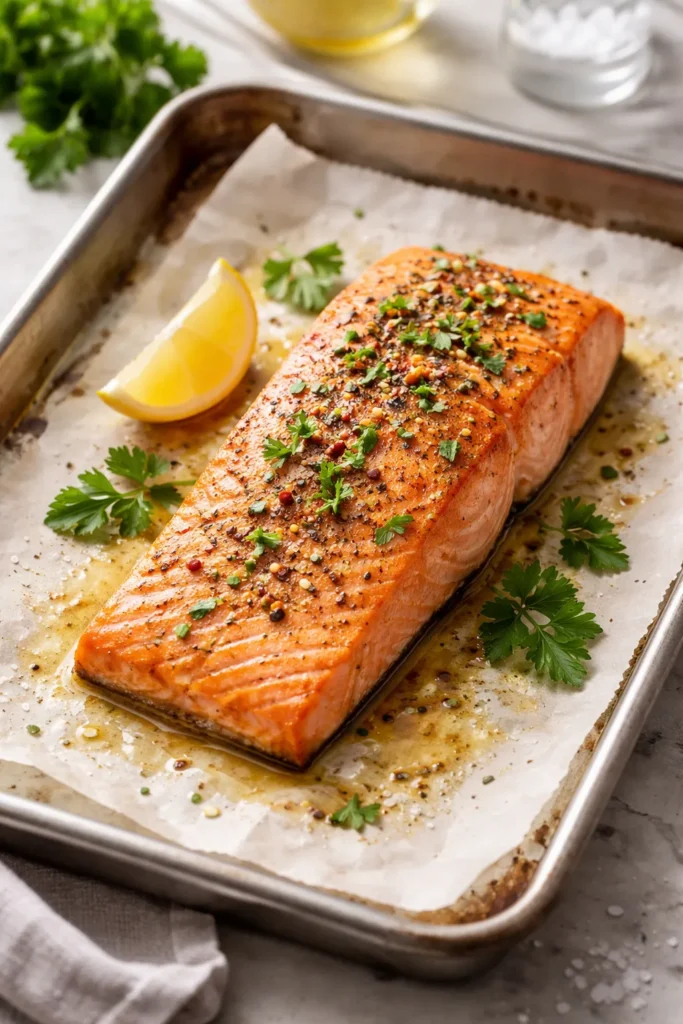 Salmon fillet on parchment-lined sheet under natural light