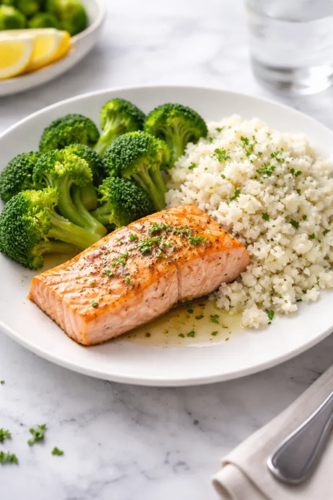 8 Calorie Deficit Meals That Keep You Full 7 Close-up of baked salmon with broccoli and cauliflower rice on a white plate