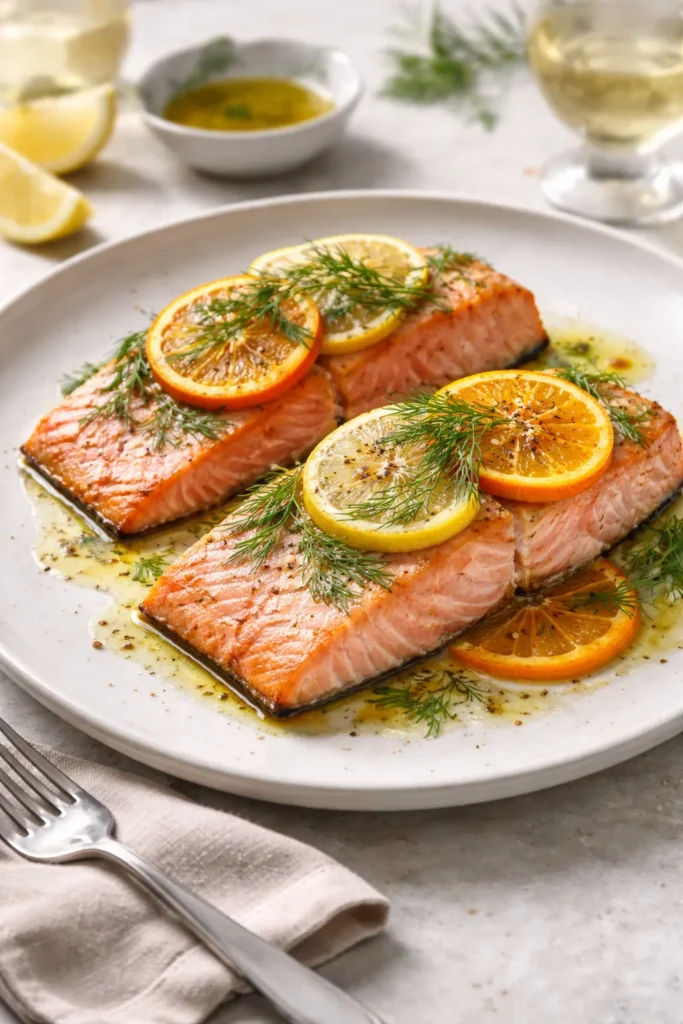 Salmon fillets with citrus slices on a plate