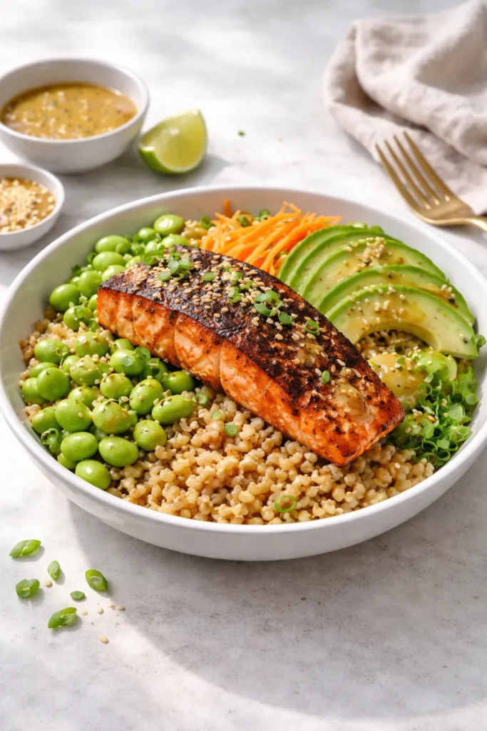 8 Protein Bowl Recipes to Eat After the Gym 8 Close-up of Blackened Salmon Farro Bowl with miso-ginger dressing