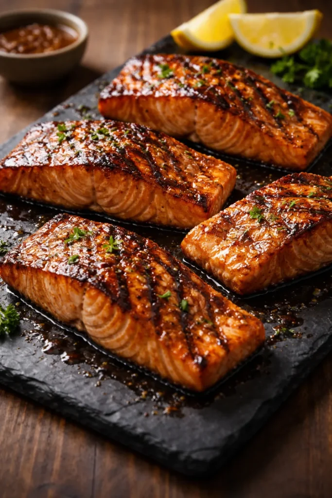Four salmon fillets with glossy brown sugar glaze and grill marks on a dark plate