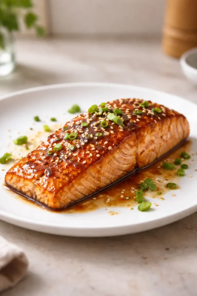 Close-up of a baked salmon fillet with glossy soy-ginger glaze on a white plate
