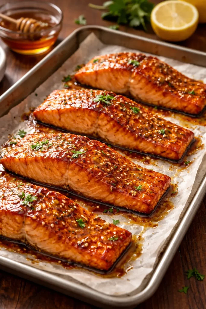 Salmon fillets with glossy honey Dijon glaze ready to bake
