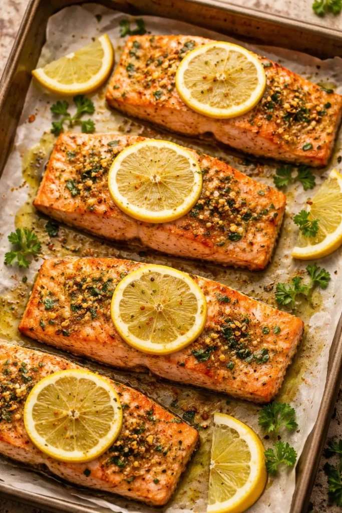 Salmon fillets with lemon slices on a baking tray ready to bake