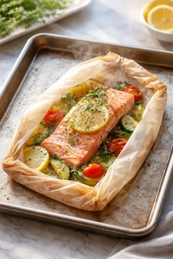 Salmon baked in parchment packet with vegetables and herbs