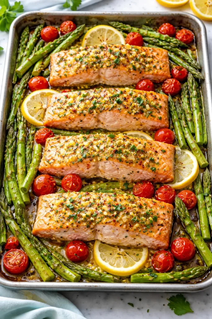 Salmon with asparagus and cherry tomatoes on a sheet pan